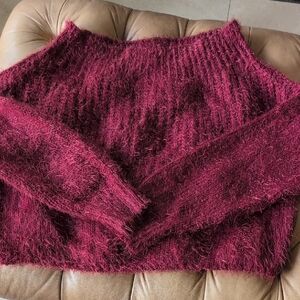 Cozy Fuzzy Off-the-Shoulder Burgundy Eyelash  Sweater